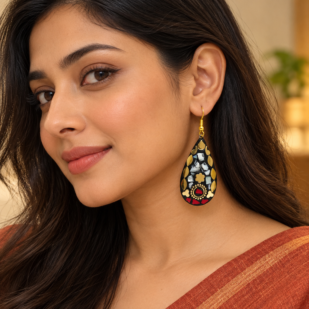 Sitara Silver Red Mosaic Teardrop Earrings | MyJhumki