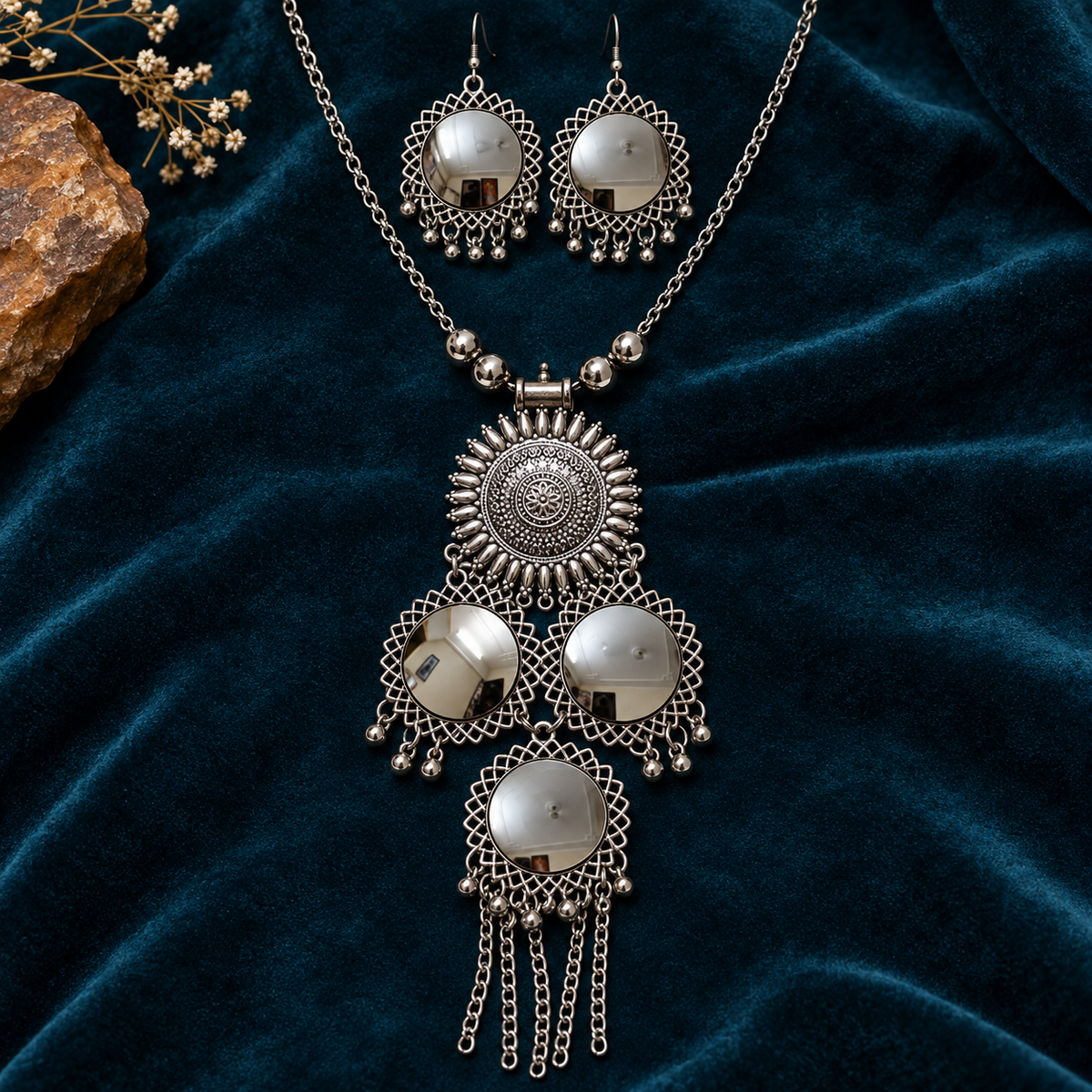 Surya Aaina Lattice Mirror Tassel Necklace Set | MyJhumki