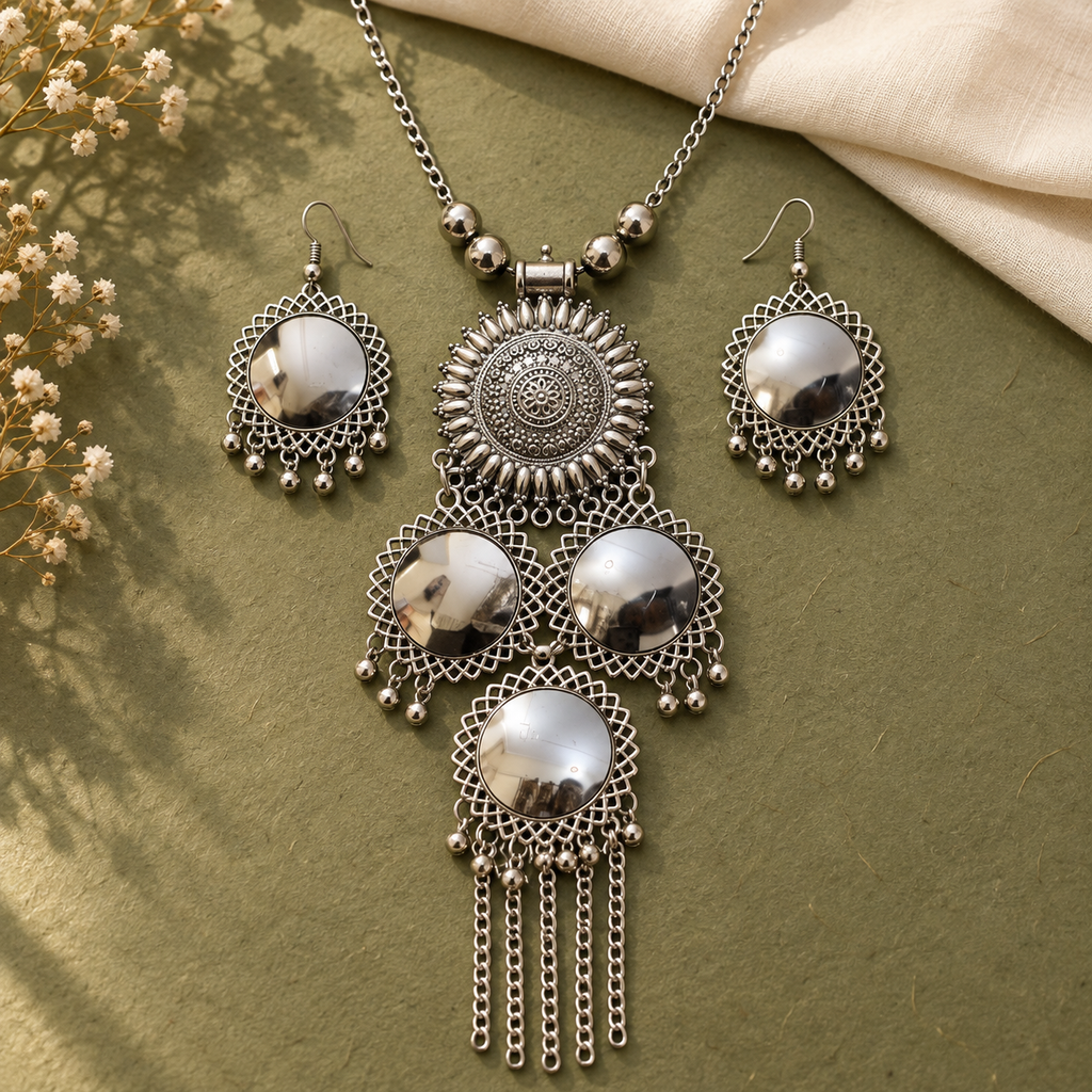 Surya Aaina Lattice Mirror Tassel Necklace Set | MyJhumki
