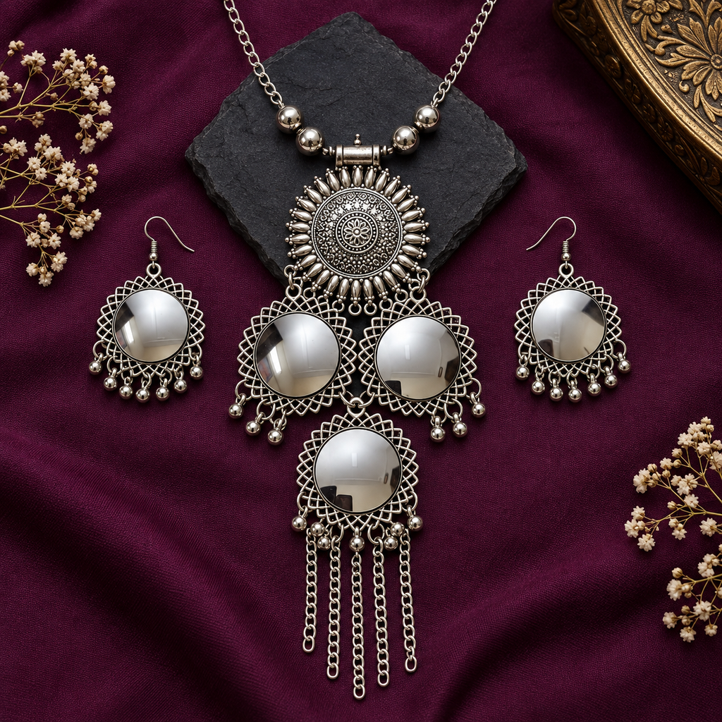 Surya Aaina Lattice Mirror Tassel Necklace Set | MyJhumki