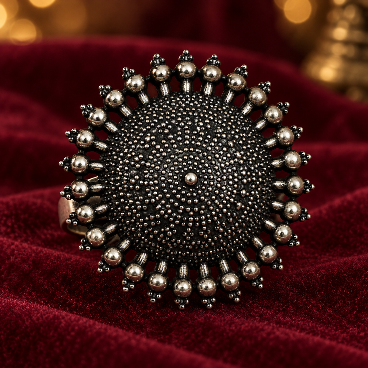 Surya Mandala Oversized Oxidised Ring | MyJhumki
