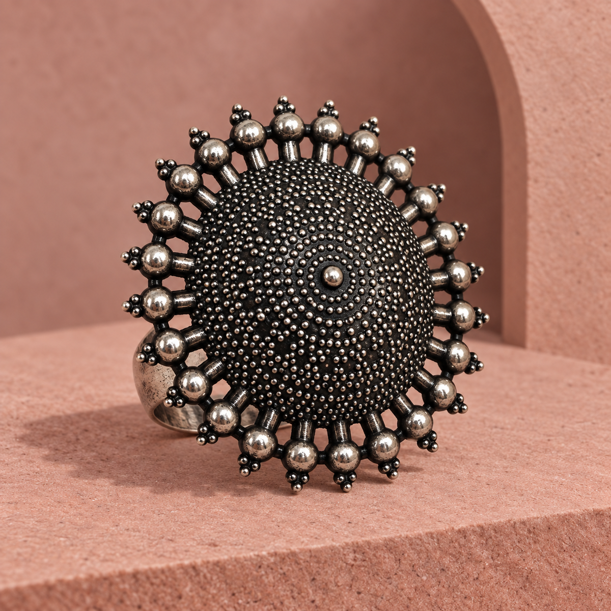 Surya Mandala Oversized Oxidised Ring | MyJhumki