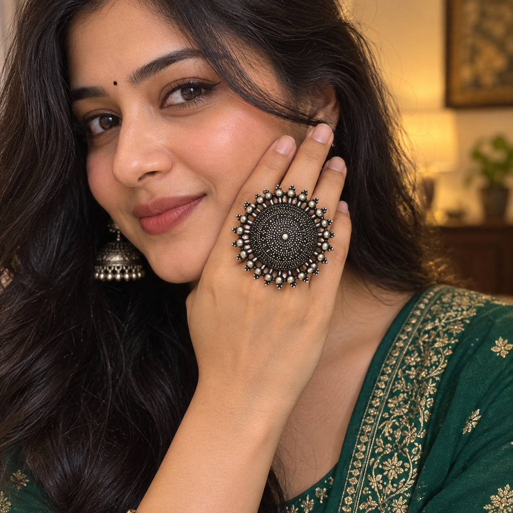 Surya Mandala Oversized Oxidised Ring | MyJhumki