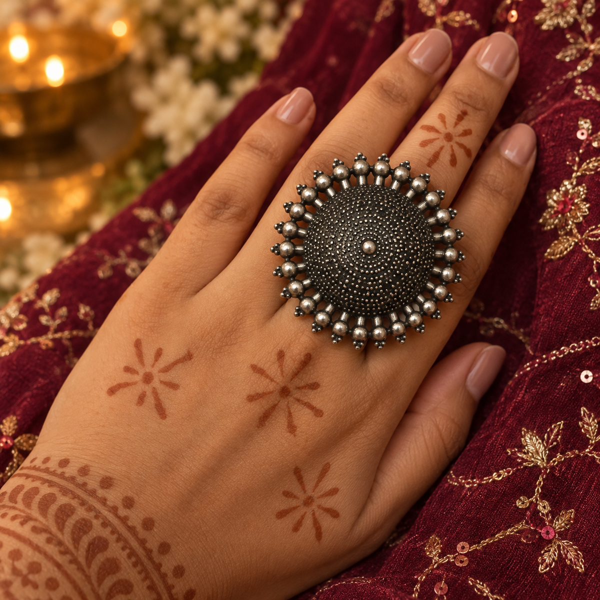 Surya Mandala Oversized Oxidised Ring | MyJhumki