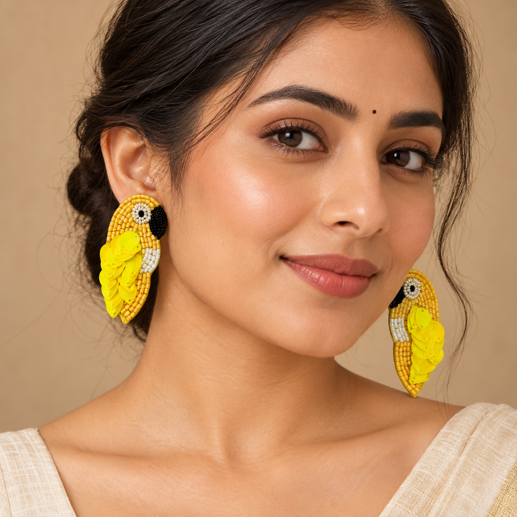 Surya Yellow Parrot Statement Earrings | MyJhumki