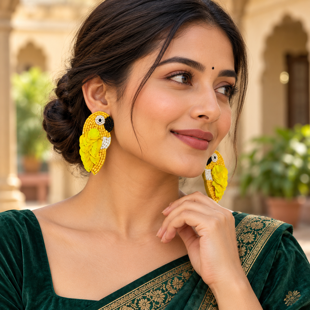 Surya Yellow Parrot Statement Earrings | MyJhumki