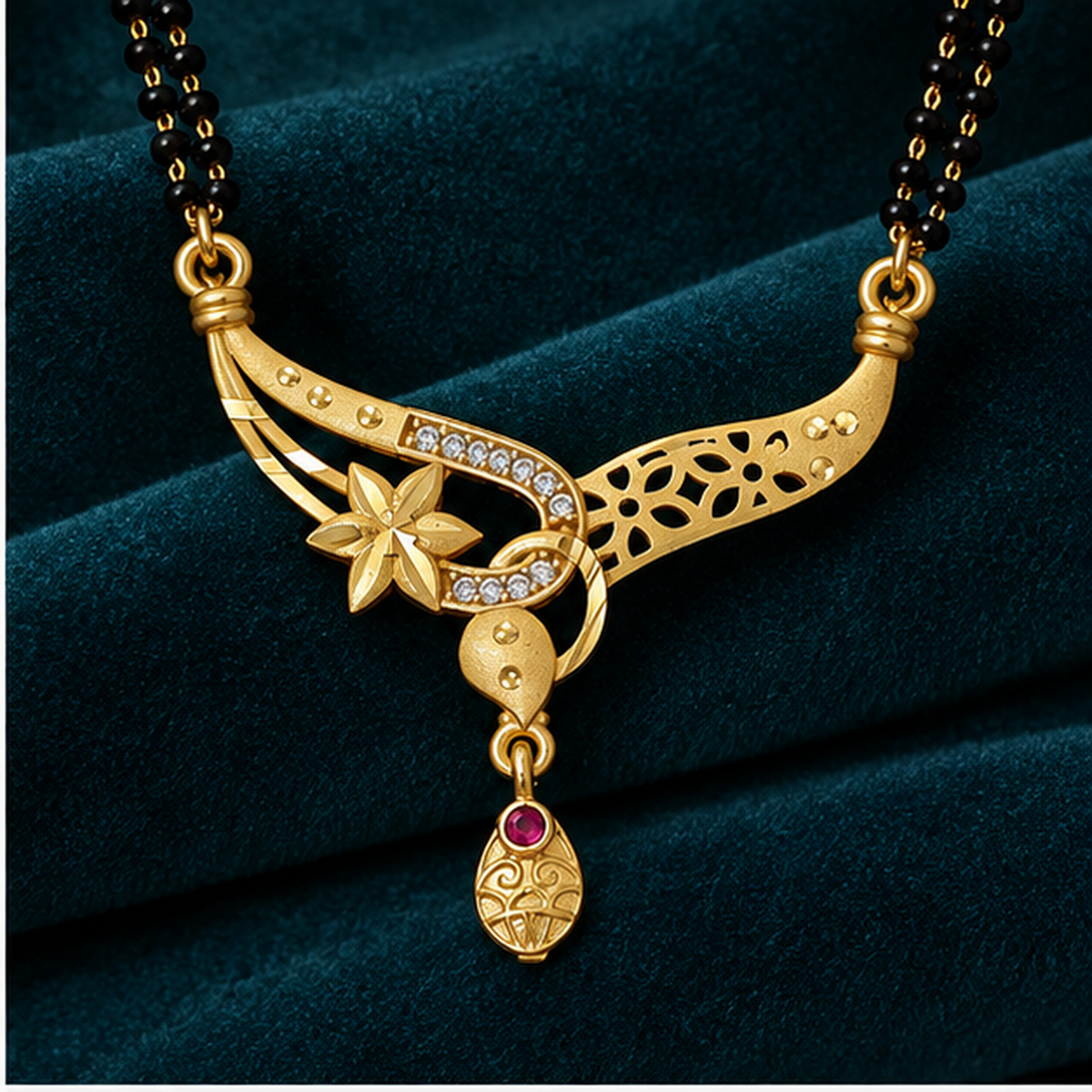 Tara Asymmetric Floral Gold-Tone Mangalsutra on a peacock teal velvet backdrop