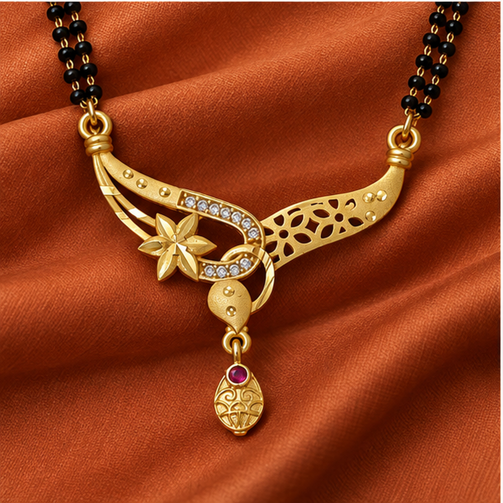 Tara Asymmetric Floral Gold-Tone Mangalsutra on a terracotta silk backdrop