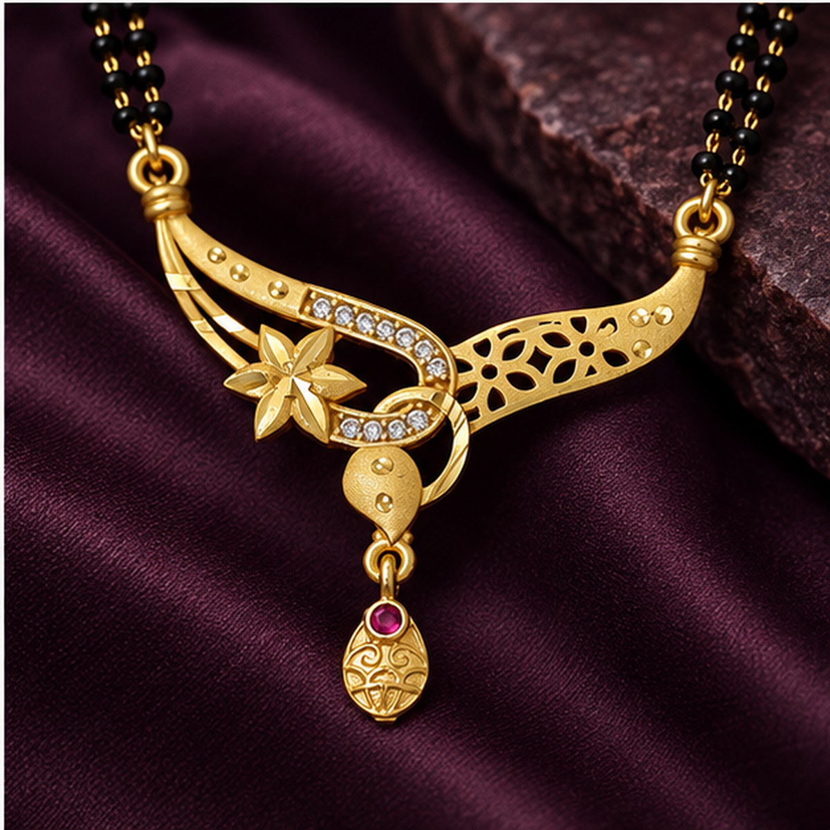 Tara Asymmetric Floral Gold-Tone Mangalsutra on a deep plum background