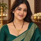 Model wearing the Tara Asymmetric Floral Gold-Tone Mangalsutra with a teal outfit