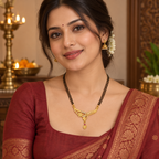 Model wearing the Tara Asymmetric Floral Gold-Tone Mangalsutra with a terracotta outfit