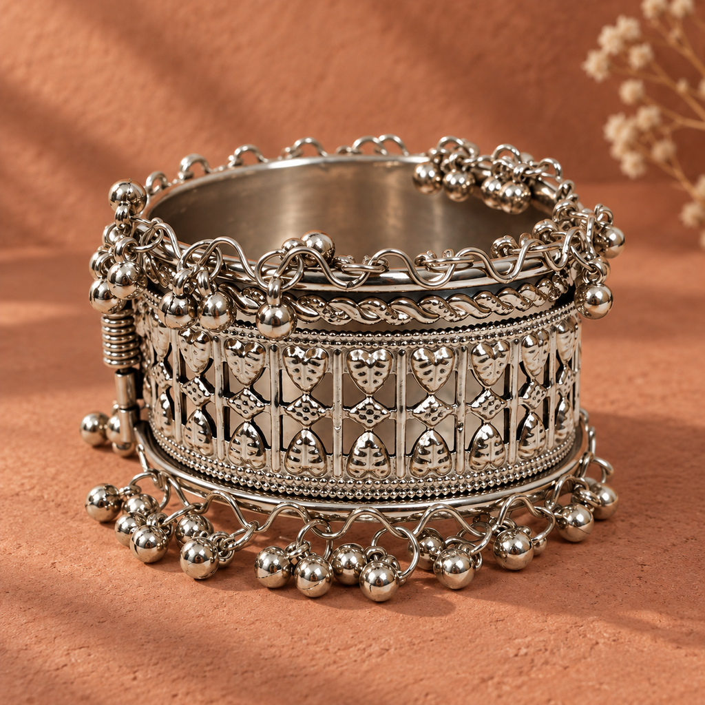 Tara Geometric Ghungroo Silver Cuff | MyJhumki