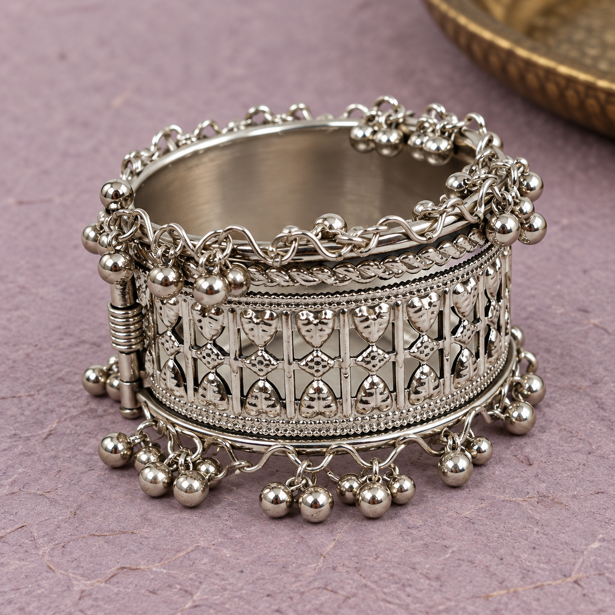 Tara Geometric Ghungroo Silver Cuff | MyJhumki