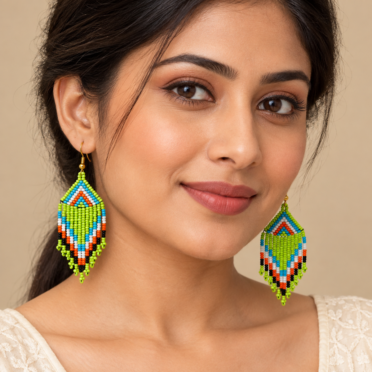 Tara Lime Multicolour Beaded Fringe Earrings | MyJhumki