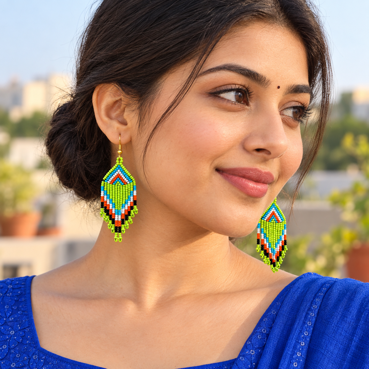 Tara Lime Multicolour Beaded Fringe Earrings | MyJhumki