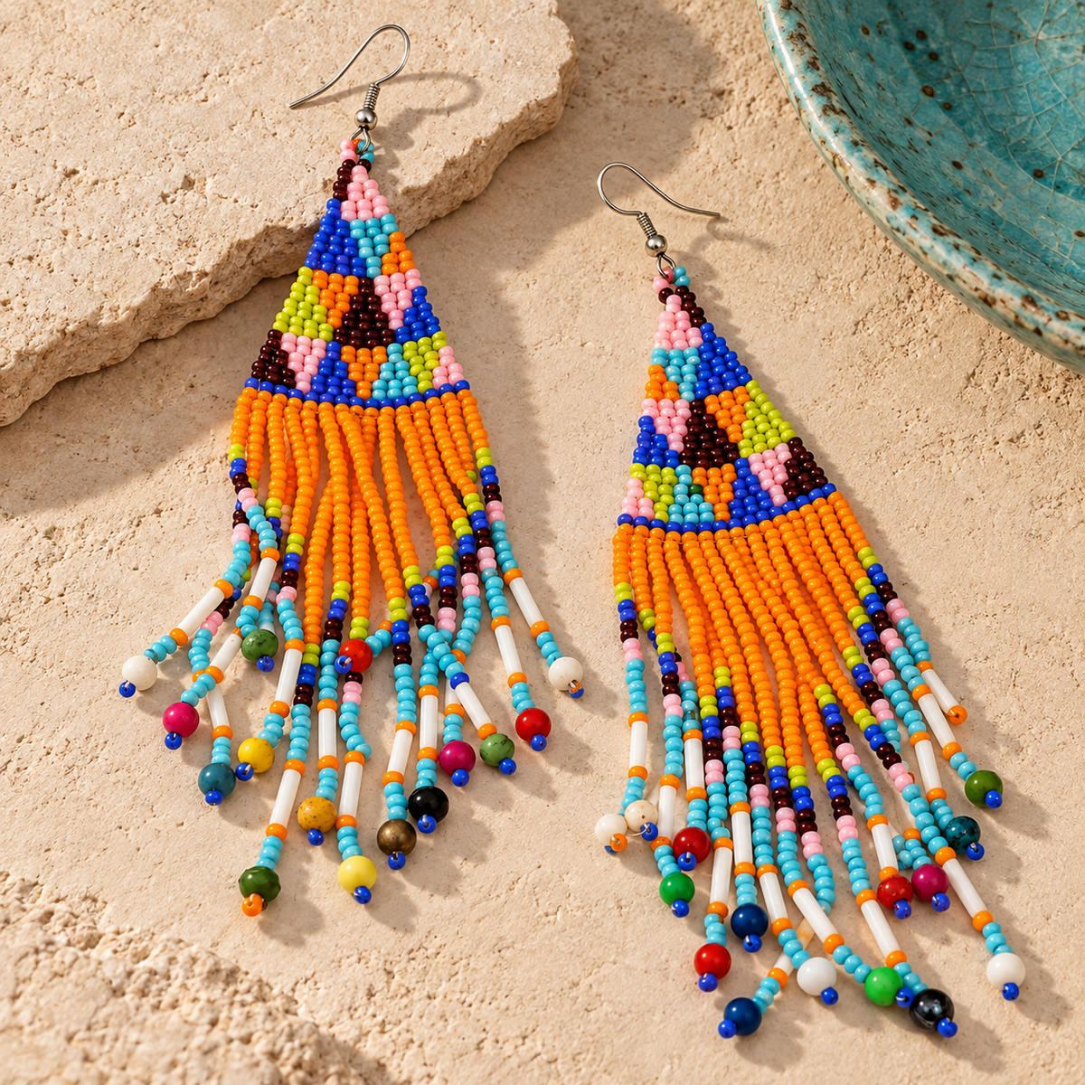 Tara Orange Turquoise Beaded Earrings | MyJhumki