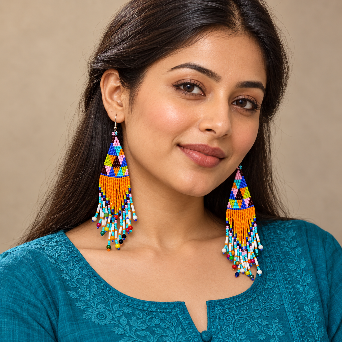 Tara Orange Turquoise Beaded Earrings | MyJhumki