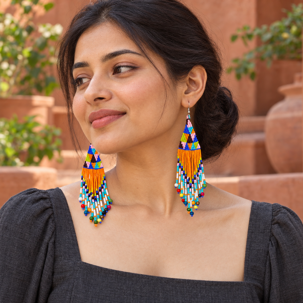 Tara Orange Turquoise Beaded Earrings | MyJhumki
