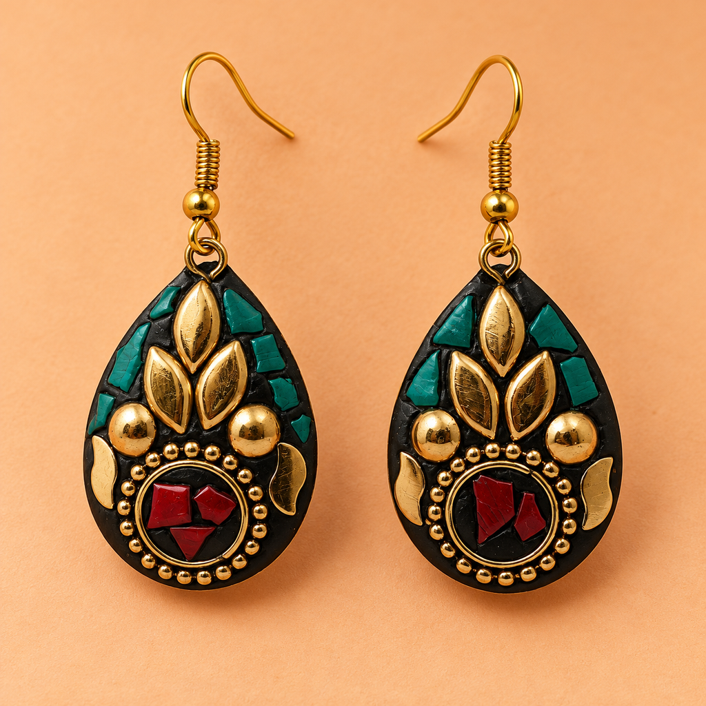 Tara Teal & Red Antique Teardrop Earrings | MyJhumki