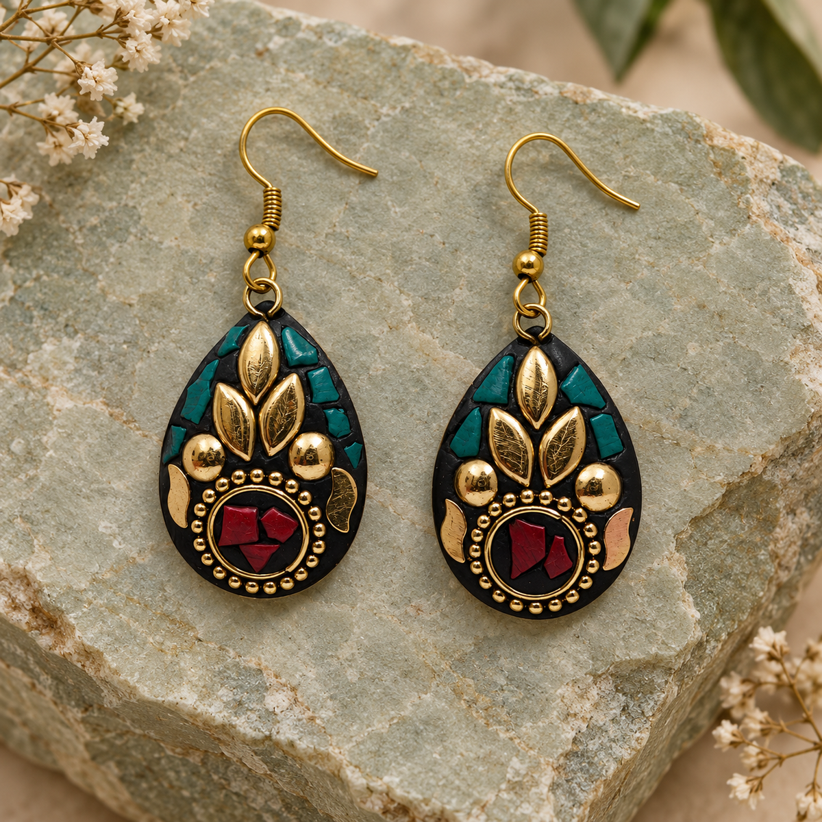 Tara Teal & Red Antique Teardrop Earrings | MyJhumki