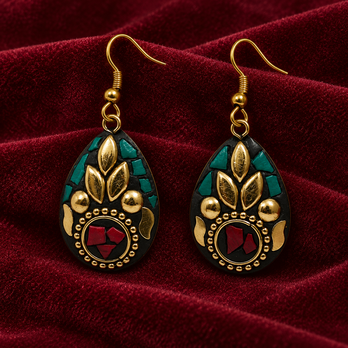 Tara Teal & Red Antique Teardrop Earrings | MyJhumki