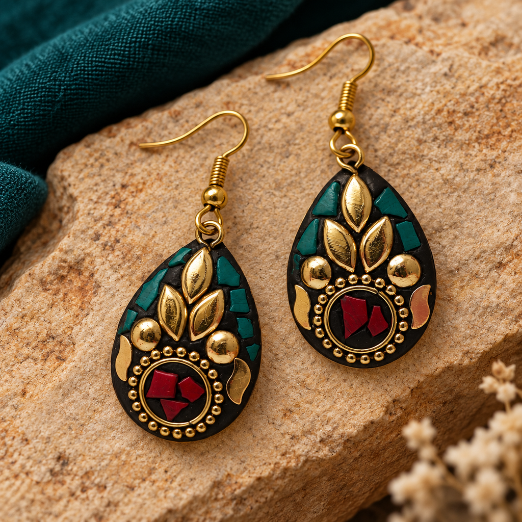 Tara Teal & Red Antique Teardrop Earrings | MyJhumki