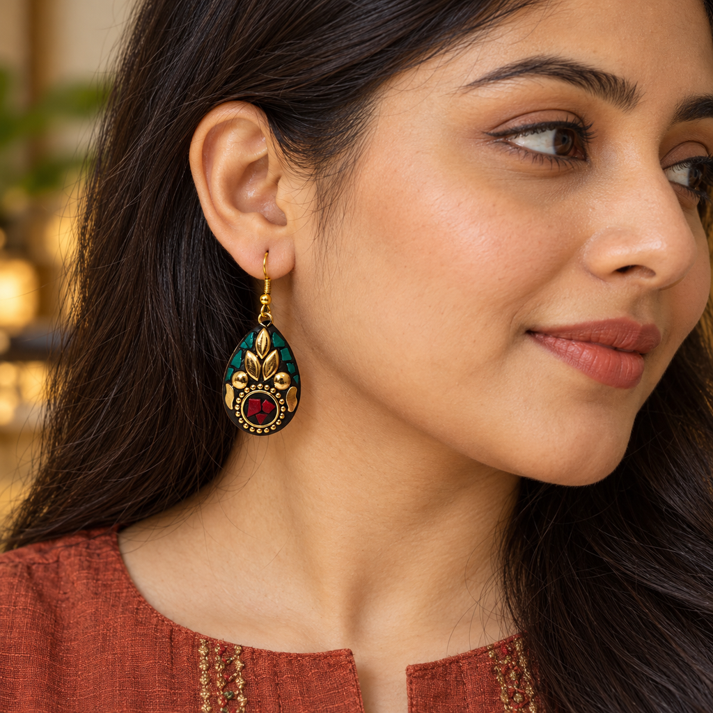 Tara Teal & Red Antique Teardrop Earrings | MyJhumki
