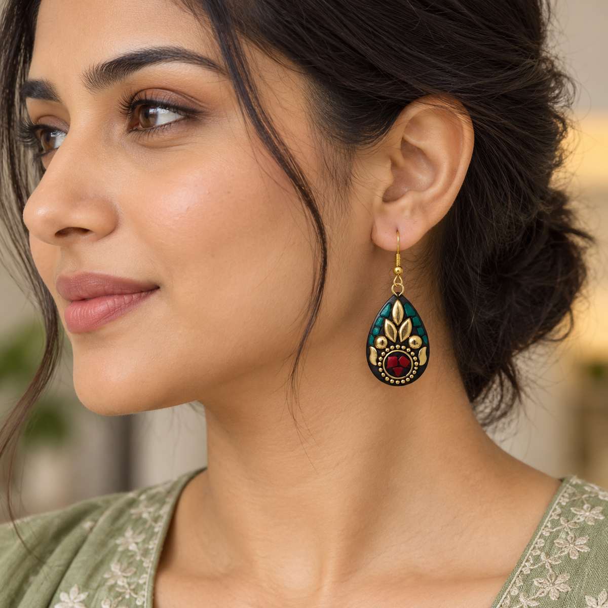 Tara Teal & Red Antique Teardrop Earrings | MyJhumki