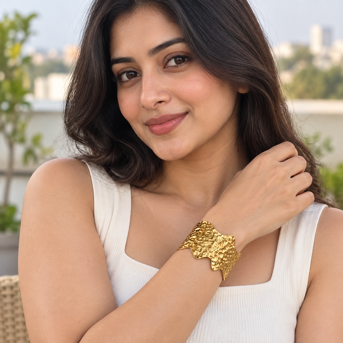 Tavisha Organic Hammered Gold Cuff Bracelet | MyJhumki