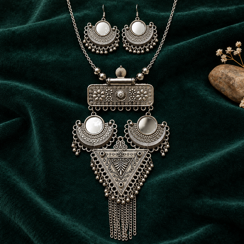 Trikona Aaina Crescent Tassel Necklace Set | MyJhumki