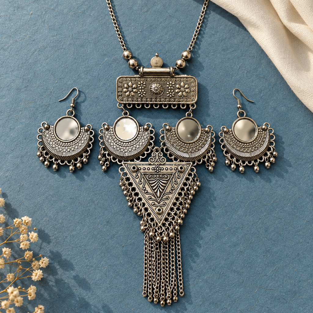 Trikona Aaina Crescent Tassel Necklace Set | MyJhumki