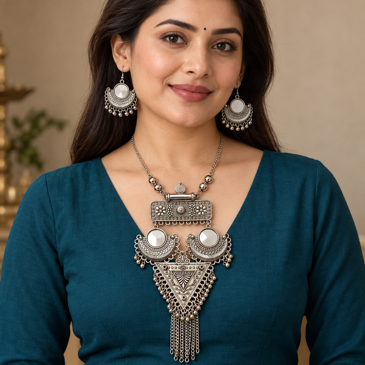 Trikona Aaina Crescent Tassel Necklace Set | MyJhumki