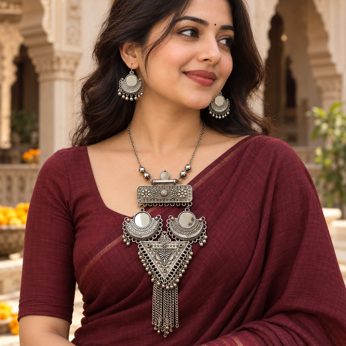 Trikona Aaina Crescent Tassel Necklace Set | MyJhumki