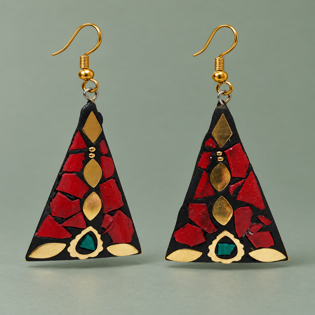 Trikona Red Mosaic Triangle Earrings | MyJhumki