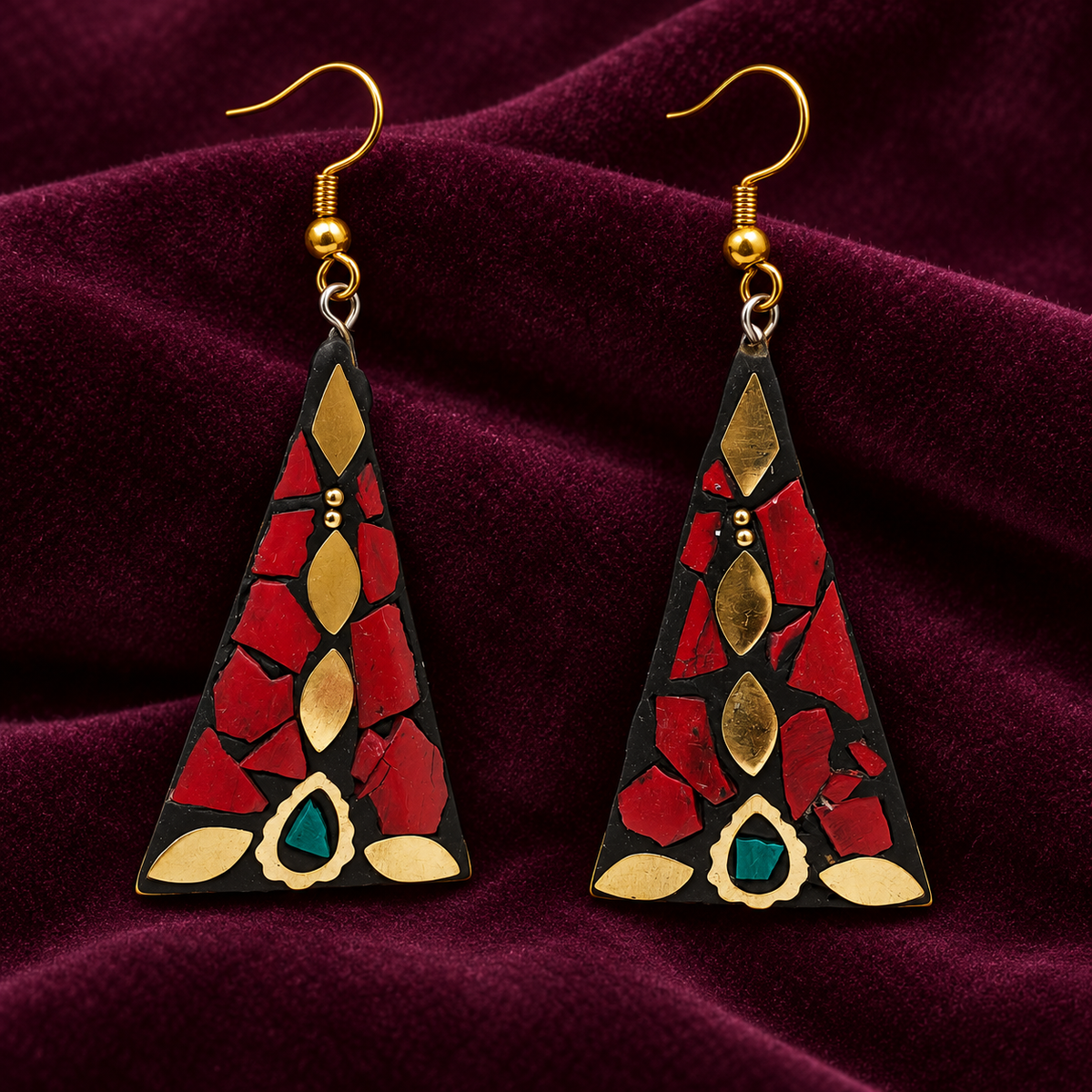 Trikona Red Mosaic Triangle Earrings | MyJhumki
