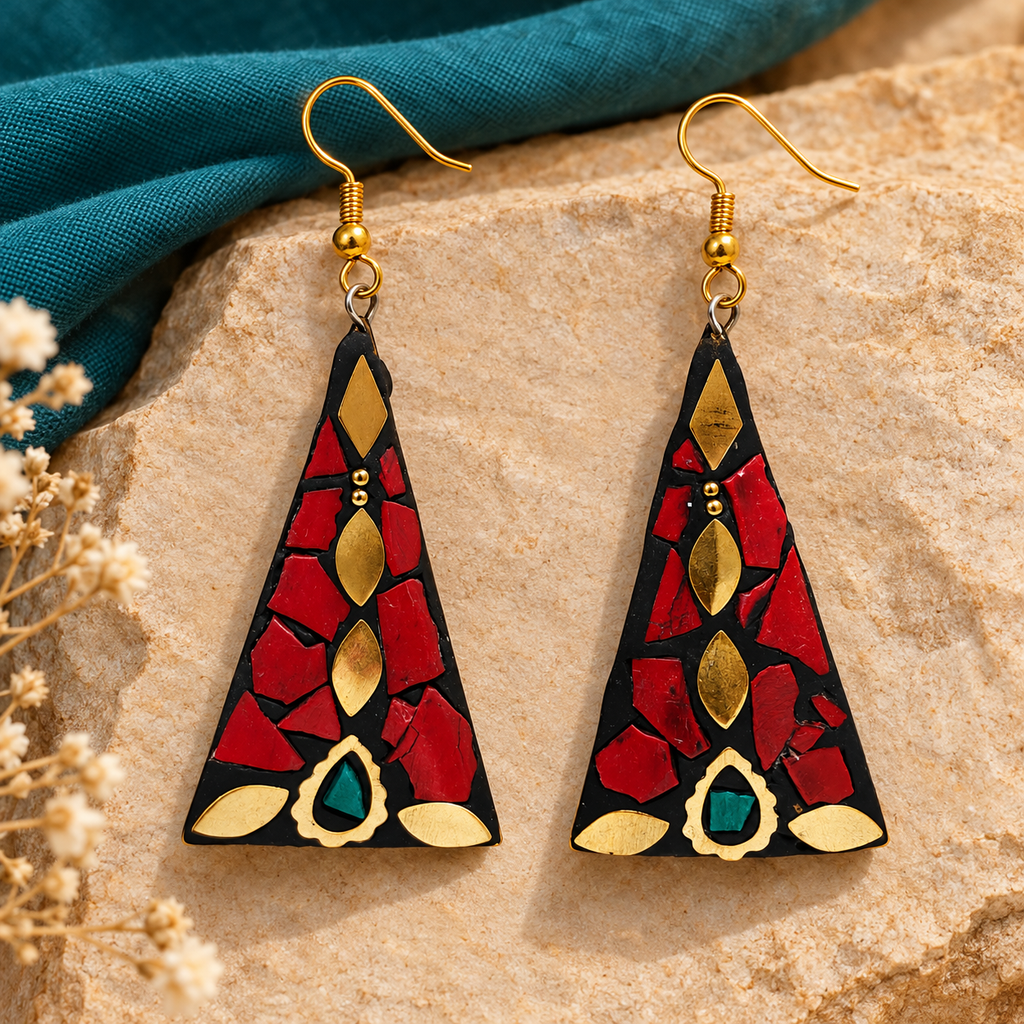 Trikona Red Mosaic Triangle Earrings | MyJhumki