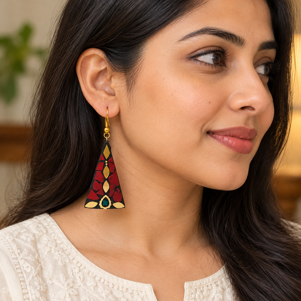 Trikona Red Mosaic Triangle Earrings | MyJhumki