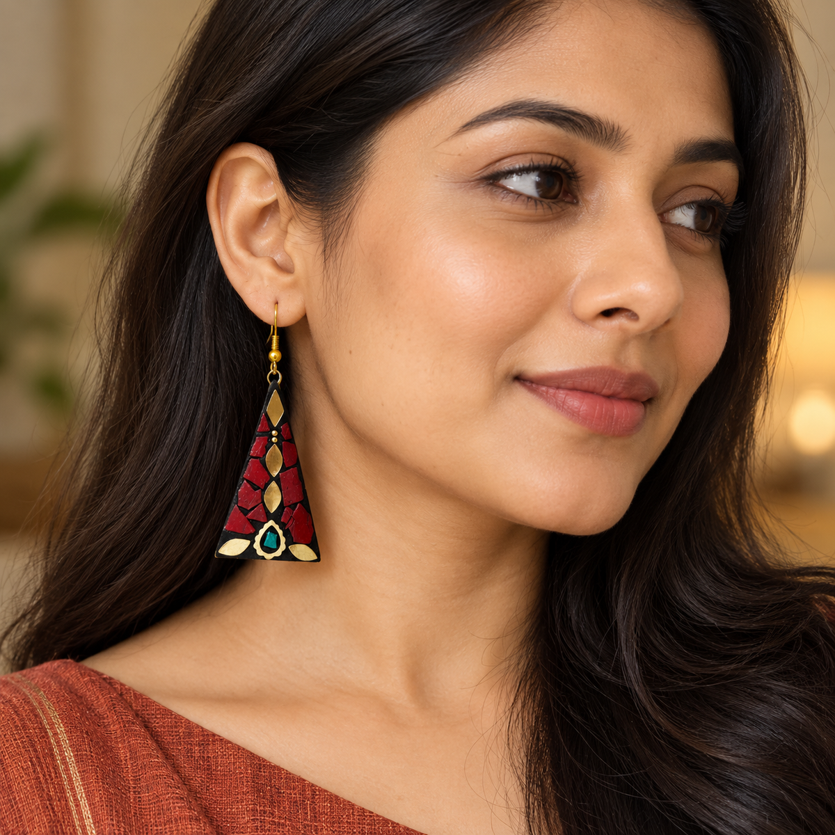 Trikona Red Mosaic Triangle Earrings | MyJhumki