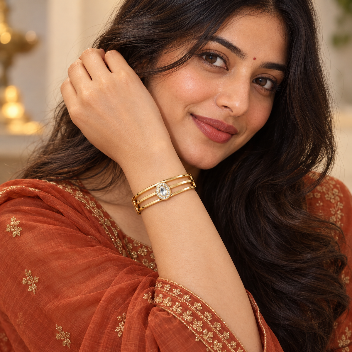 Triveni Oval Crystal Gold Bracelet | MyJhumki
