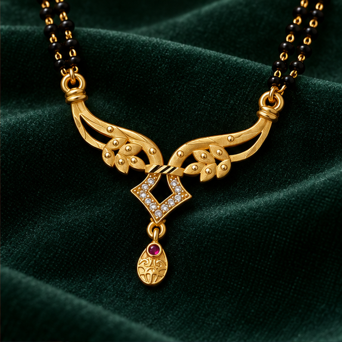 Vanya Diamond Wing Gold-Tone Mangalsutra on a bottle green velvet backdrop