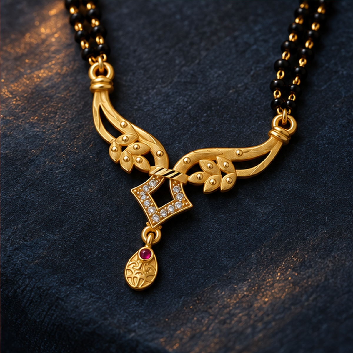 Vanya Diamond Wing Gold-Tone Mangalsutra on a charcoal blue background