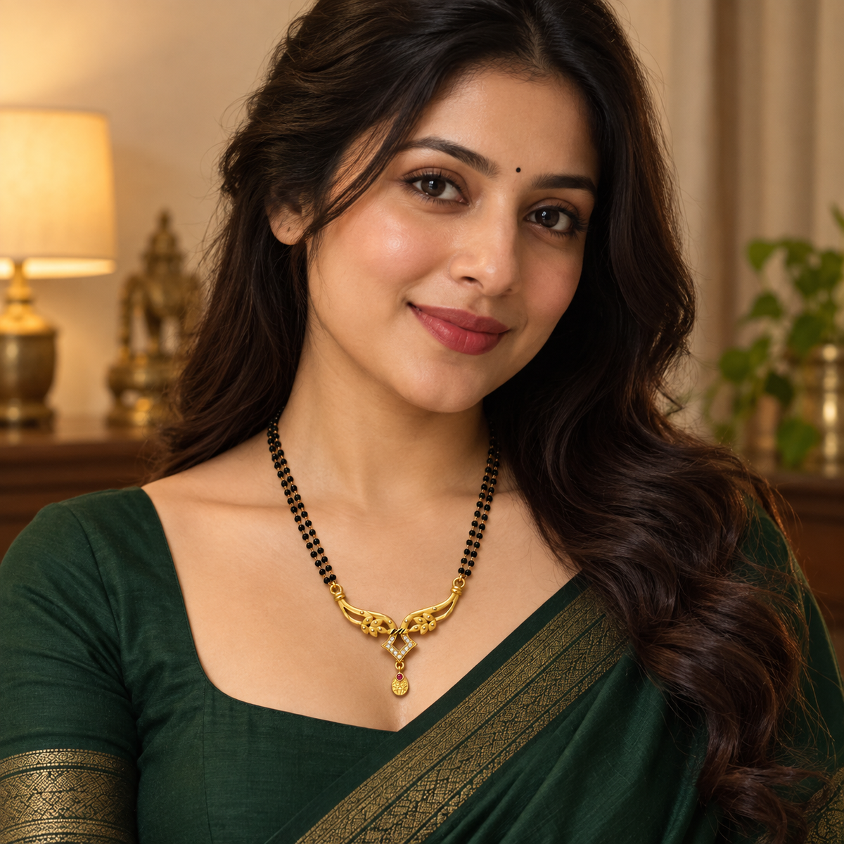 Model wearing the Vanya Diamond Wing Gold-Tone Mangalsutra with a green outfit