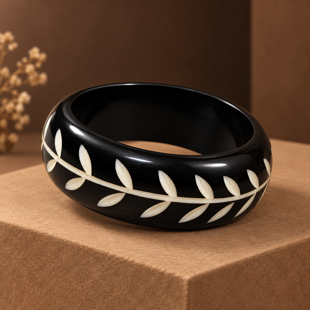 Vanya Ivory Vine Black Acrylic Bangle | MyJhumki