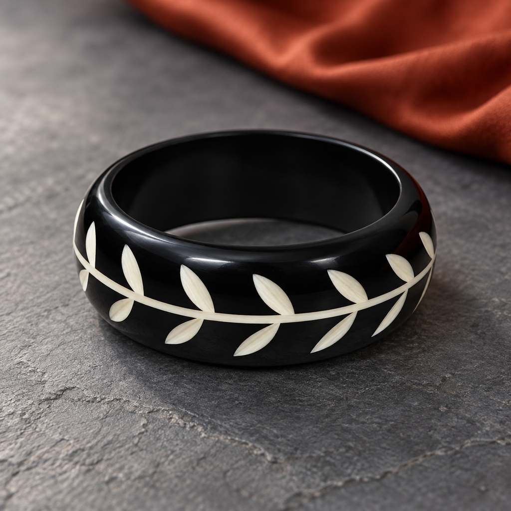 Vanya Ivory Vine Black Acrylic Bangle | MyJhumki