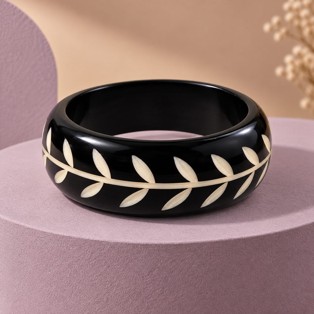 Vanya Ivory Vine Black Acrylic Bangle | MyJhumki