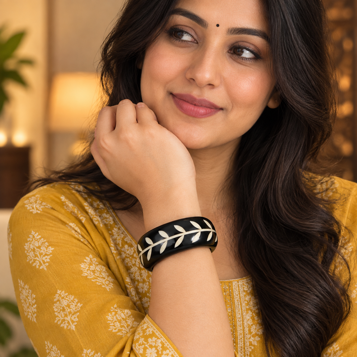 Vanya Ivory Vine Black Acrylic Bangle | MyJhumki