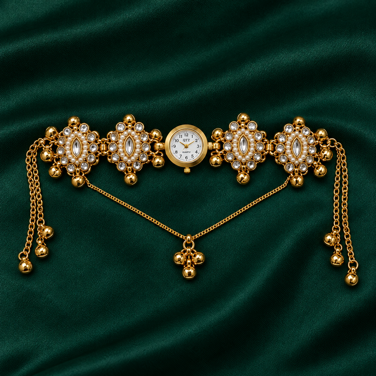 Zoon Kundan Pearl Kashmiri Jewellery Watch on an emerald silk backdrop