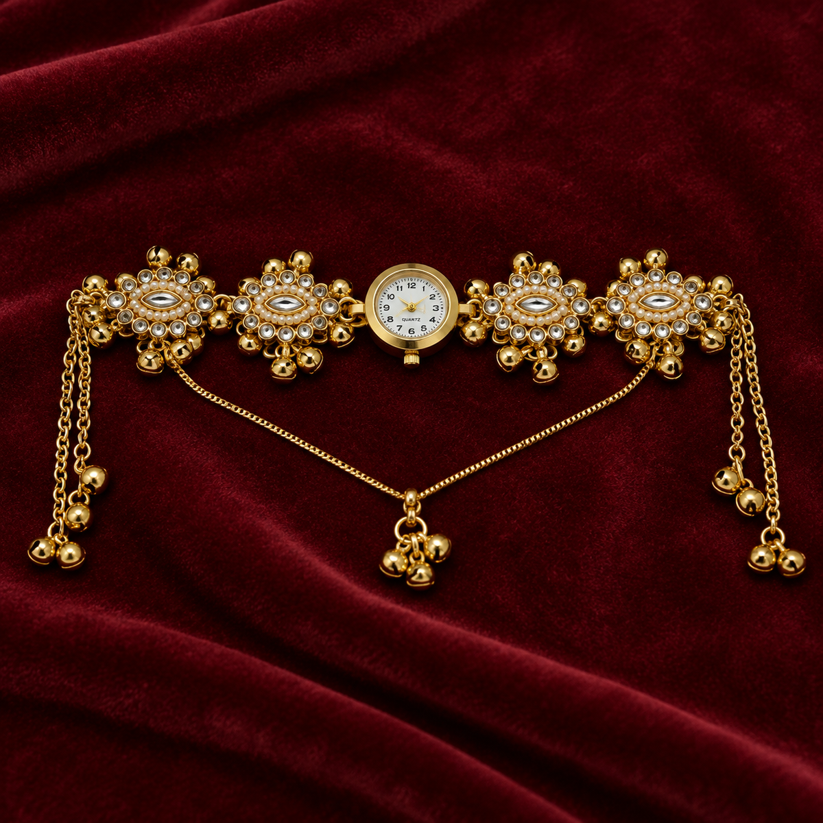 Zoon Kundan Pearl Kashmiri Jewellery Watch on a wine velvet backdrop