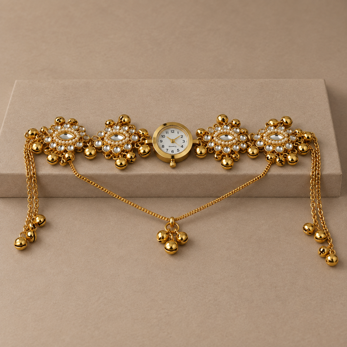 Zoon Kundan Pearl Kashmiri Jewellery Watch photographed in a dusty rose studio setting