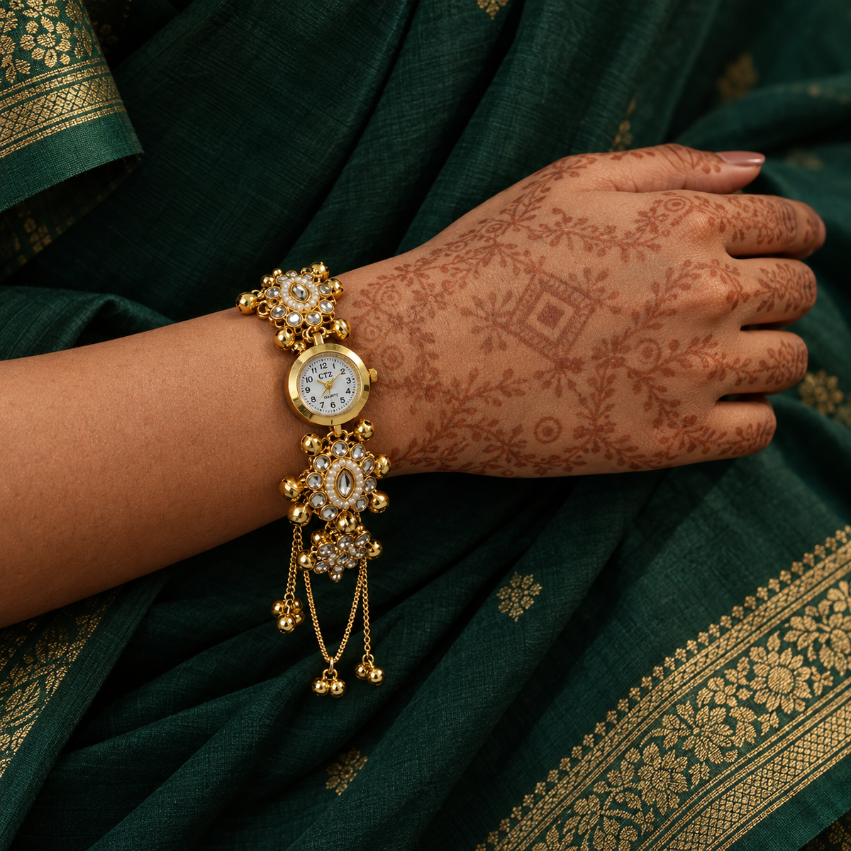 Model wearing the Zoon Kundan Pearl Kashmiri Jewellery Watch with an emerald outfit